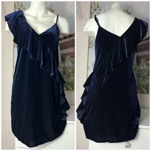 19 Cooper Navy Blue Velvet Ruffle Asymmetrical Mini Dress Size XS NWT